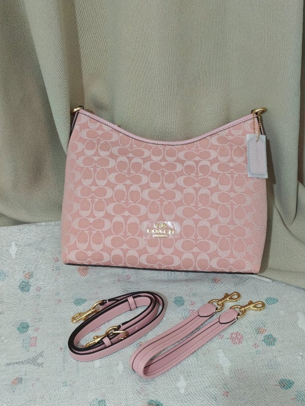 Coach Pink Signature Jacquard Hobo Shoulder Bag with 2 Straps